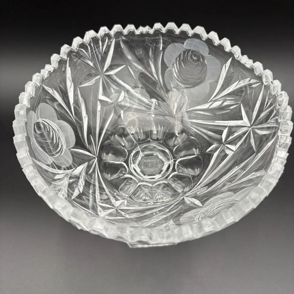 Crystal Cut Glass Pedestal Compote Rose Pattern‎ Scalloped 6 Side Base 7